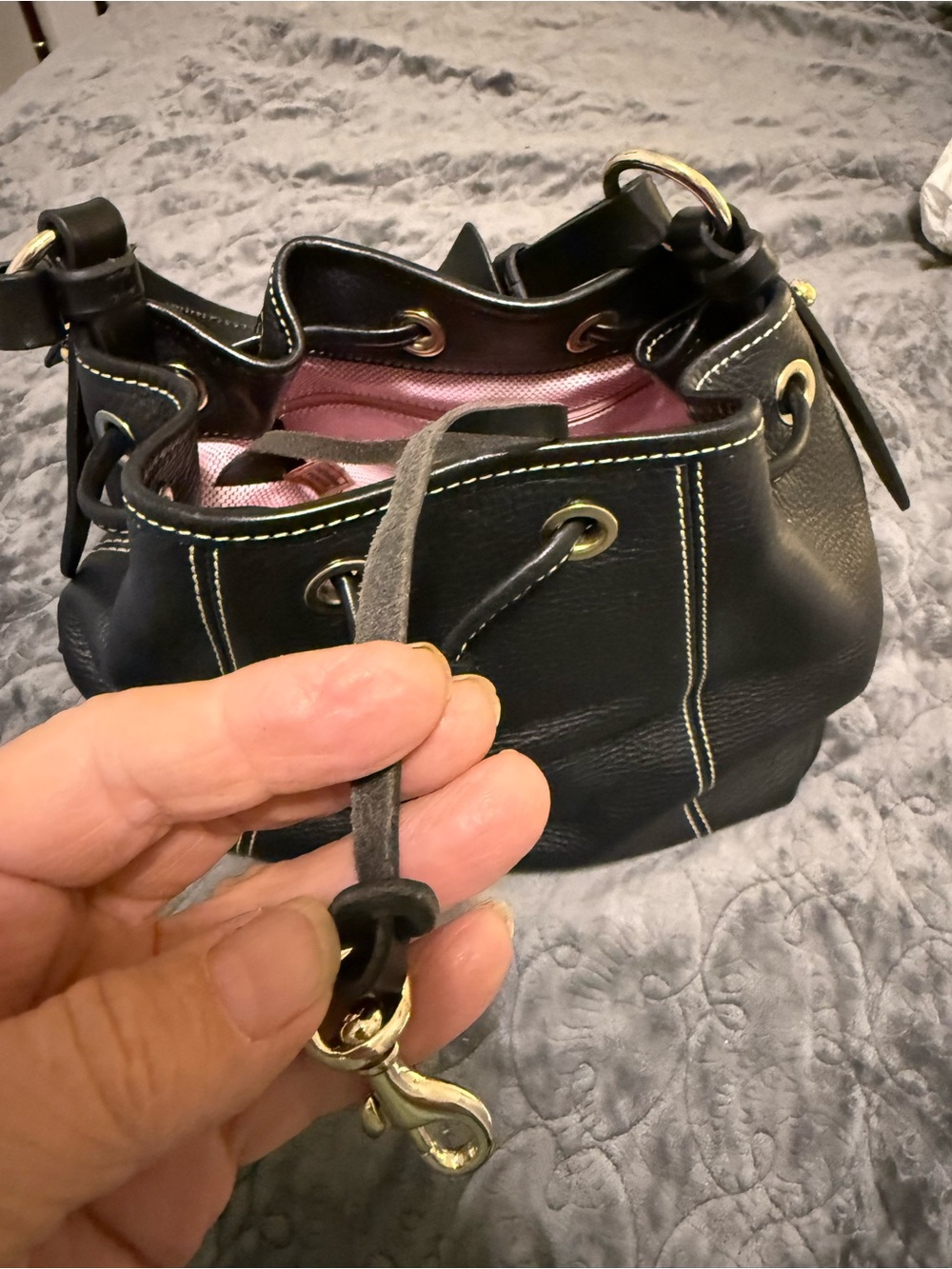 Black Leather Drawstring Bucket Bag - Picture 2 of 14